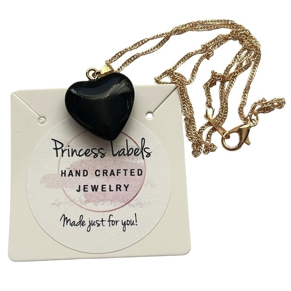 3-D Black Hearted Heart of Glass Pendant Necklace Waterfall Gold Plate Chain - Picture 6 of 9